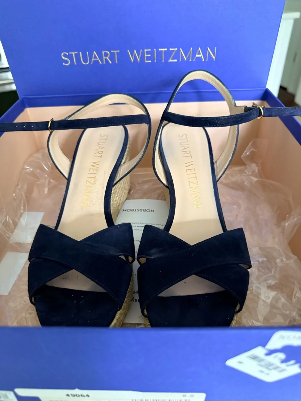 Stuart Weitzman Navy Suede Crisscross Ankle‑Strap Espadrille Wedges